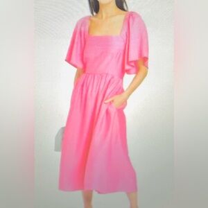 A New Day Vibrant Pink Coquette Flutter Sleeves Tie Back Midi Long Dress XXL